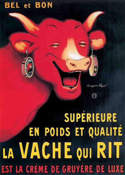 Just to the right of him is a character based on La Vache Qui Ri (“The Cow that laughs” or “The laughing Cow”), a brand of processed French cheese made since 1865. In 1924, the French illustrator and comic artist Benjamin Rabier, who produced many children’s albums of anthropomorphic characters, created the cow by which it’s known, though today it’s a slicker modern version.