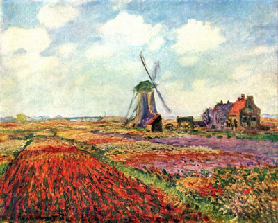 The painting on the wall is adapted from Tulip Fields by Claude Monet (1840 – 1926).