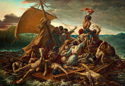 The large painting is an anthropomorphic version of The Raft of the Medusa (Le Radeau de la Medusa) by Théodore Géricault (1791 – 1824), which does hang in the Louvre.