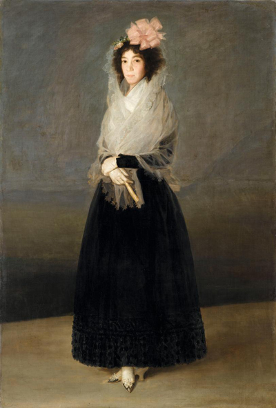 The painting in the background here and in panel 7 is taken from La Comtesse del Carpio, Marquise de la Solana by Francisco Goya (1746 – 1828), which does hang in the Louvre.