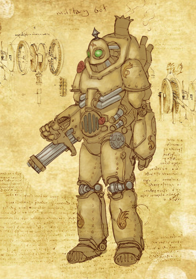 The design of Krupp’s automatons is partly inspired by this sketch by my son Alwyn, a brilliant illustrator and computer-game concept artist.