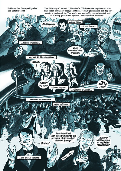 The scrap between the traditionalists and the “New Wave” was inspired by an actual event: the riot that broke out during the Paris debut of experimental musician George Antheil in 1923 that involved several famous artists. Here’s the page that deals with it from the first graphic novel that I drew that was written by my wife Mary, Dotter of Her Father’s Eyes.