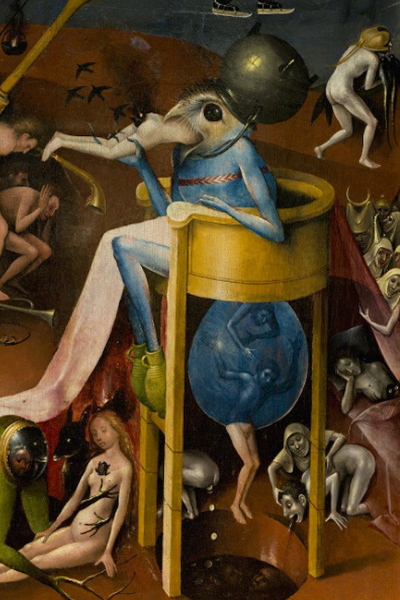 The interior décor of the club is a fantasy version of the real Hell Club (see page 84 annotations). To the far right of the panel, there’s a design based on a detail from The Garden of Earthly Delights, painted by Hieronymus Bosch between 1490 and 1510.