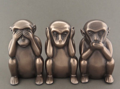 The three wise monkeys are a pictorial maxim, embodying the proverbial principle see no evil, hear no evil, speak no evil. The three monkeys are Mizaru, covering his eyes, who sees no evil; Kikazaru, covering his ears, who hears no evil; and Iwazaru, covering his mouth, who speaks no evil.