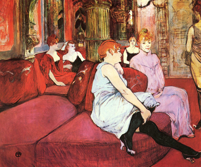 The pose in the foreground is a reference to Toulouse Lautrec’s In the Salon of the Rue des Moulins, itself a painting of a brothel interior. 