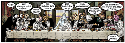 This is the most obvious visual reference in all of the Grandville books, The Last Supper by Leonardo da Vinci.
