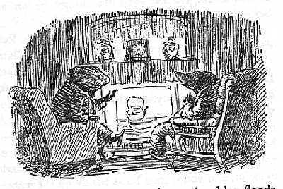 This scene of Roderick chatting with a mole in his living room is a reference to Ratty and Mole doing the same thing is this illustration by EH Shepard from The Wind in the Willows.