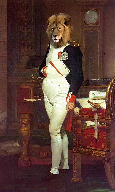 Painting adapted from The Emperor Napoleon in His Study at the Tuileries, 1812 by Jacques-Louis David.