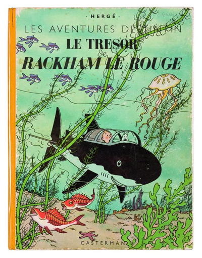 The last panel is a reference to the cover of the 1944 Tintin album Le Trésor de Rackham le Rouge (Red Rackham’s Treasure) by Hérge.
