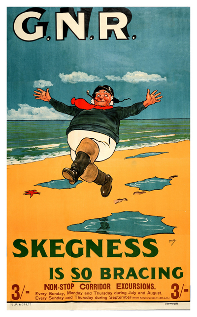 The one to the right is based on the famous 1908 “Skegness is so Bracing” poster by John Hassall. It reads “Skegness est tellement vivifiant”.