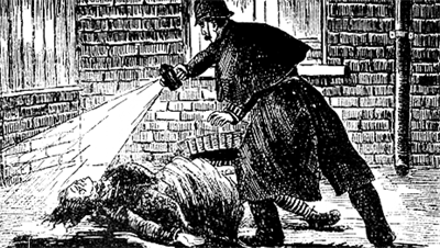 The tableaux he’s part of is a reference to the picture from the Illustrated Police News (around 1888) of the discovery of the body of Ripper victim Elizabeth Stride.